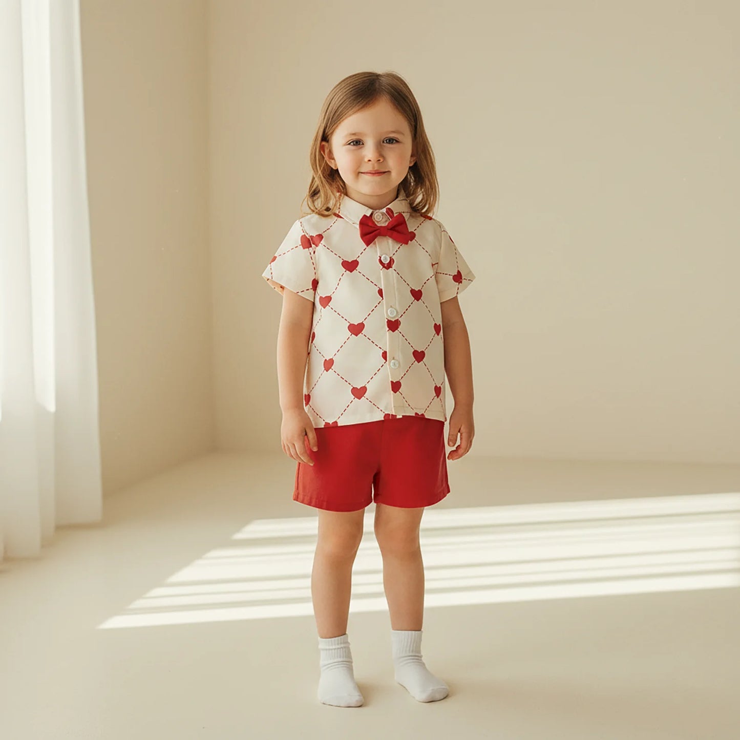 Valentine's Day Baby Boy Outfit Set - Heart Print Bowtie Shirt & Solid Shorts