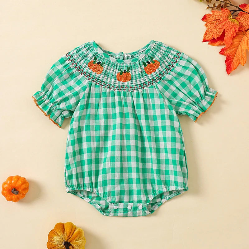 0-3Y Baby Girls Boys Romper Pumpkin Embroidered Plaid Print Short Sleeve Ruffled Jumpsuits