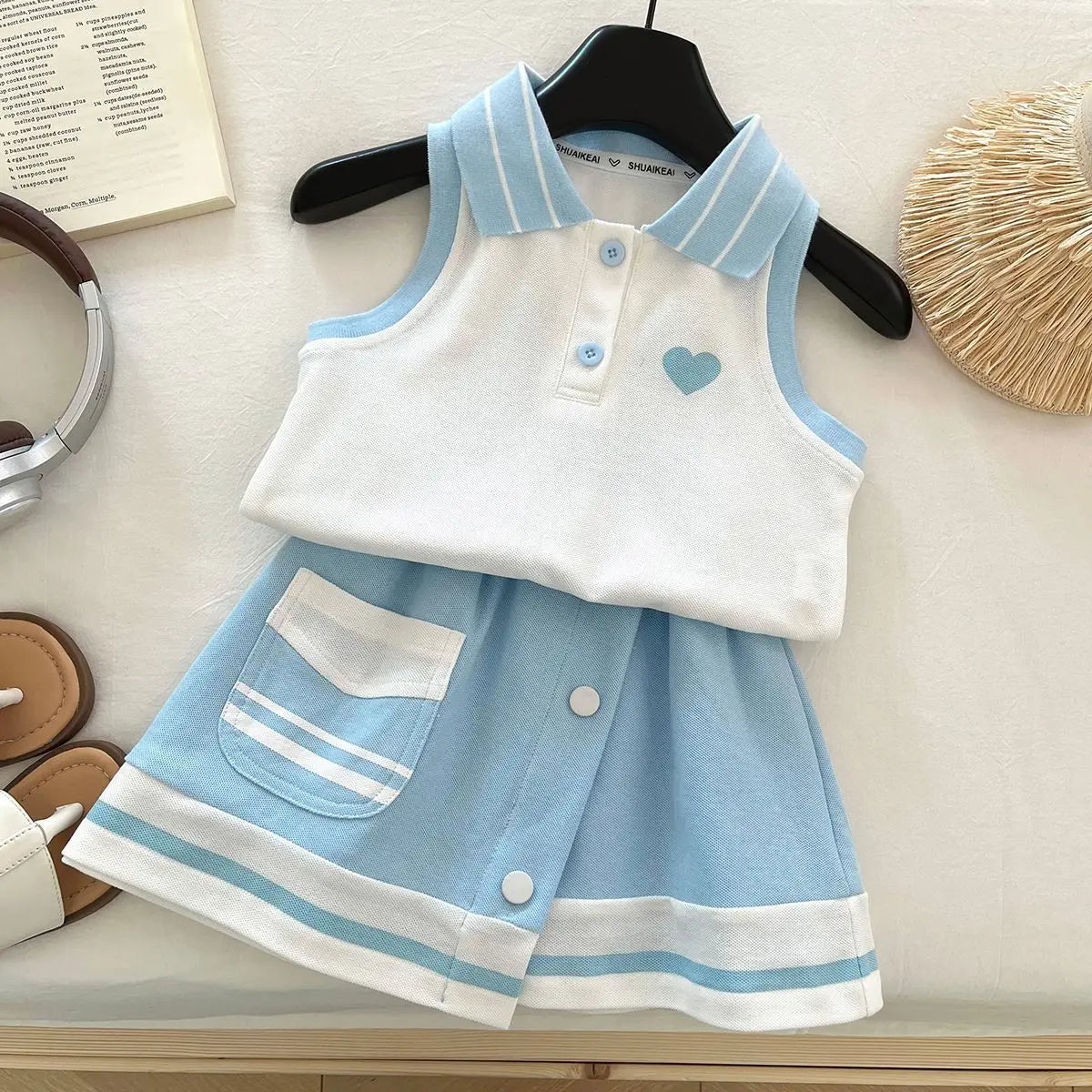 Girl's  Casual Sportswear Sleeveless Polo Shirt and Skirt College Style Easter Children's Sets