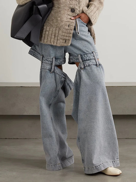 Women's Chic Spliced Zipper High Waist Patchwork Pockets Cut Out Casual Jeans