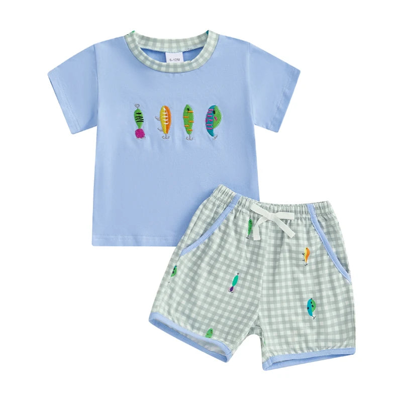 0-4Y Casual Kids Boys Summer Clothes Sets Short Sleeve Fish Embroidery T Shirt and Plaid Drawstring Shorts Set