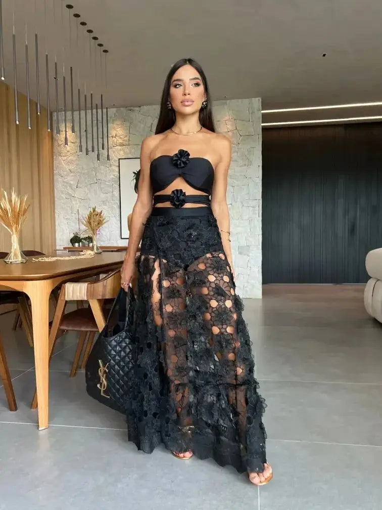 Women's 3D Floral Strapless Swimsuit & Ankle-Length Skirt Set