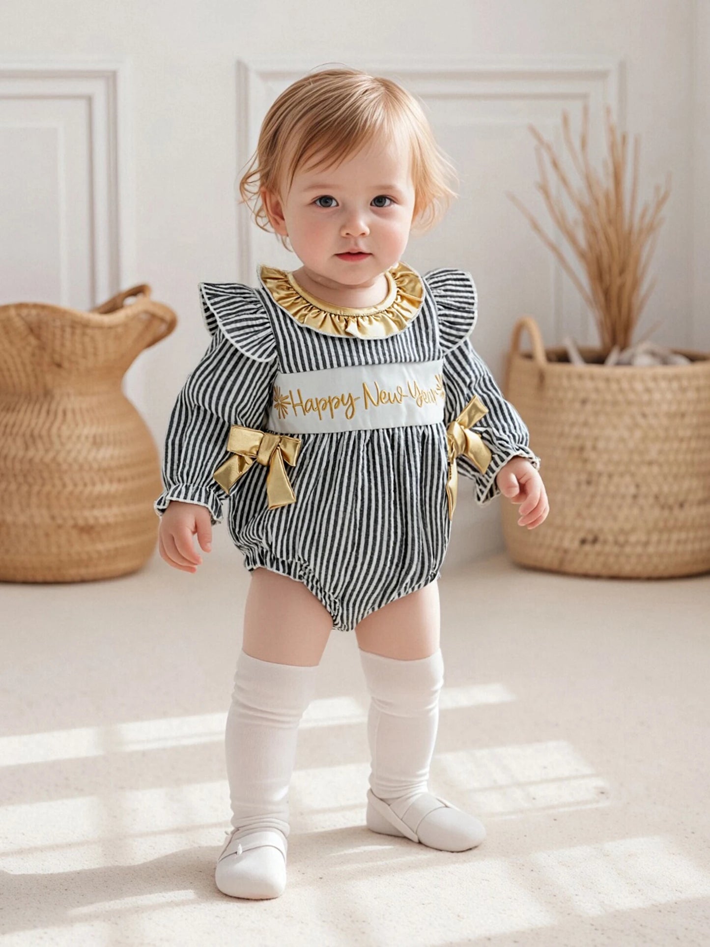 Baby Girls New Year Romper - Stripe Print Letter Embroidery Ruffled Jumpsuit