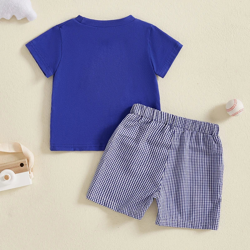 Baby Boys Baseball Outfit Set - Embroidery T-Shirt with Plaid Shorts