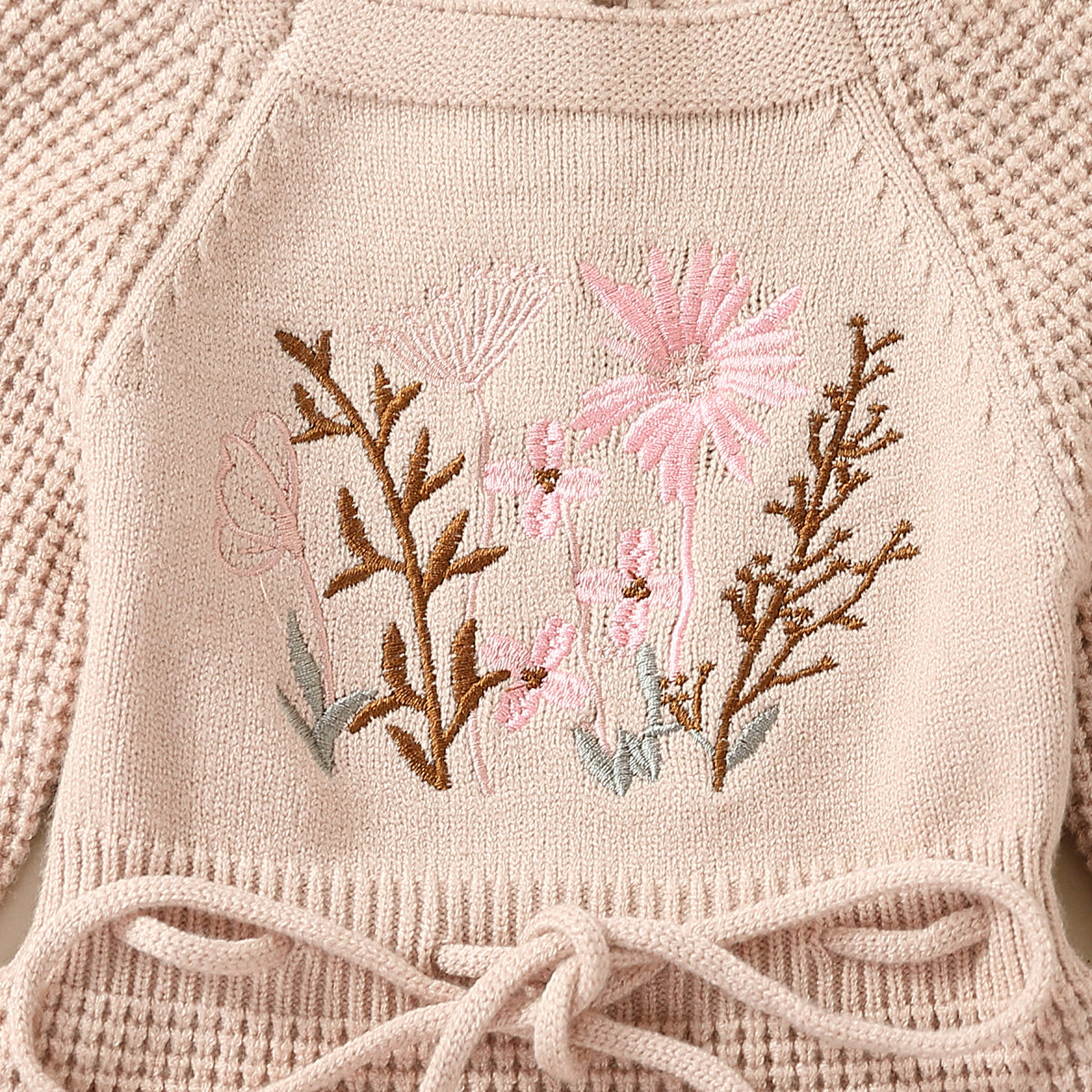 0-24M Baby Girl's Romper Knitted Long Sleeve Flowers Embroidery Elastic Button Jumpsuit