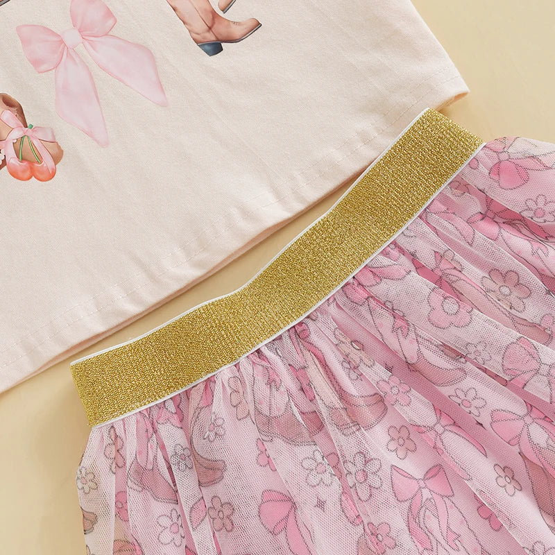2pcs Kids Girls Summer Clothes Set Short Sleeve Bow Boots Print T Shirt and Tulle Skirt 0-5Y