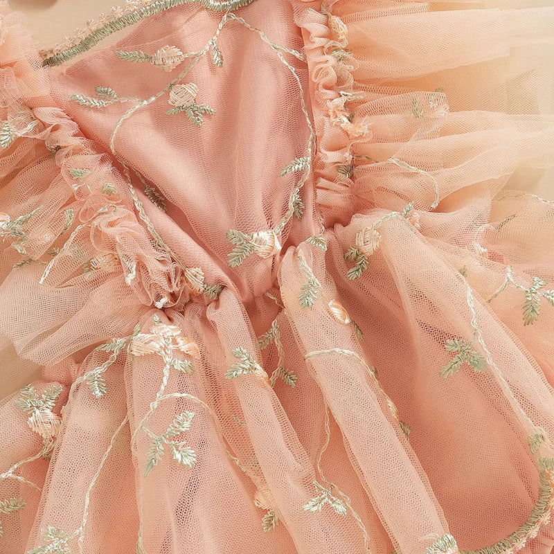 Baby Girls Summer Romper Dress with Headband - Floral Embroidery Tulle Jumpsuit