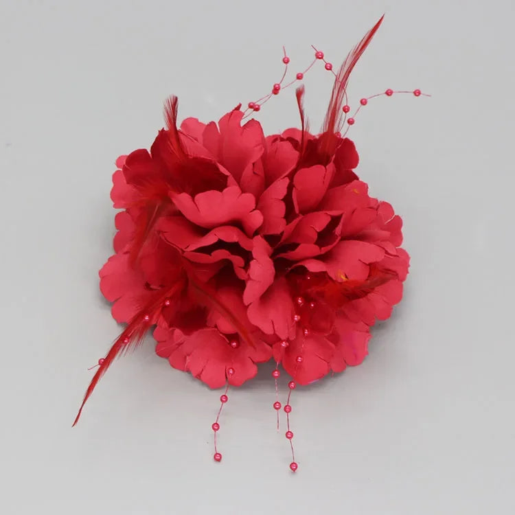 Handmade Fabric Flower Brooch - Pearl Feather Wedding Party Corsage