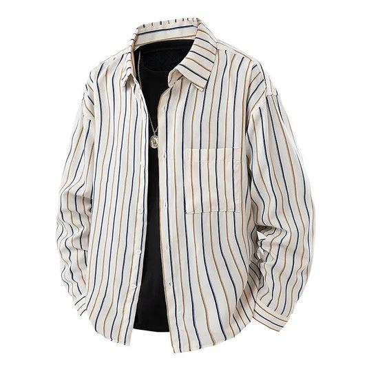 Men's Japanese Style Striped Casual Shirt - Long Sleeve Turn Down Collar