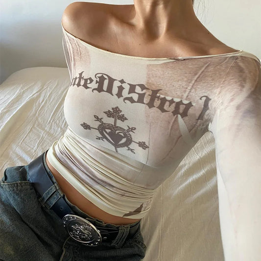 Women's Letter Print Long Sleeve Off Shoulder See Through Graphic T-Shirt