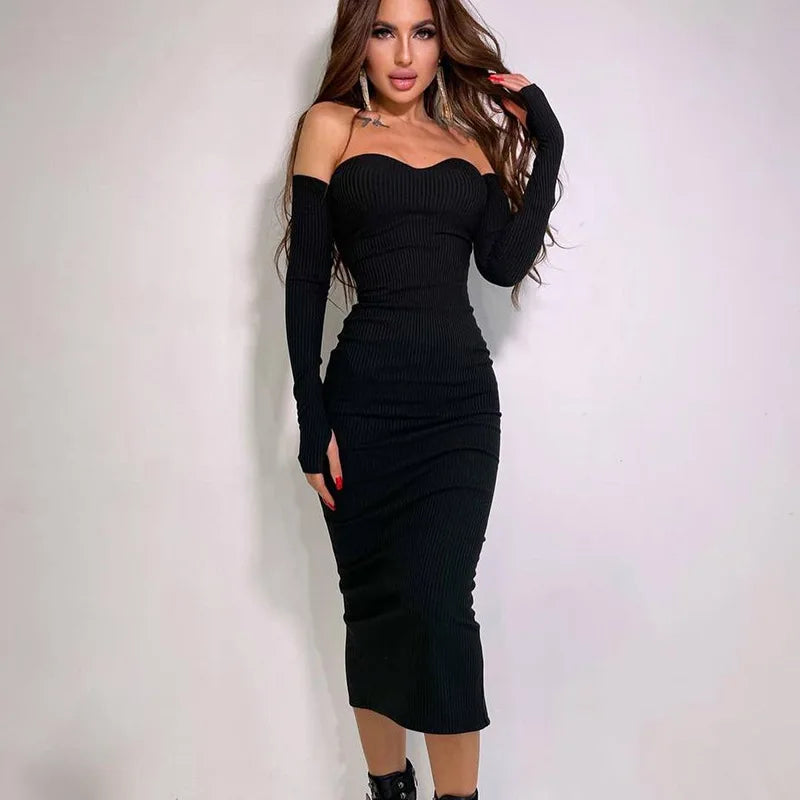 Women's Off Shoulder Knitted Long Sleeve Strapless Bodycon Maxi Elegant Party Dress