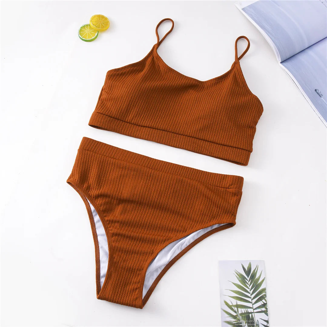 Ribbed Bikini Set - High Waist Two Piece Swimsuit