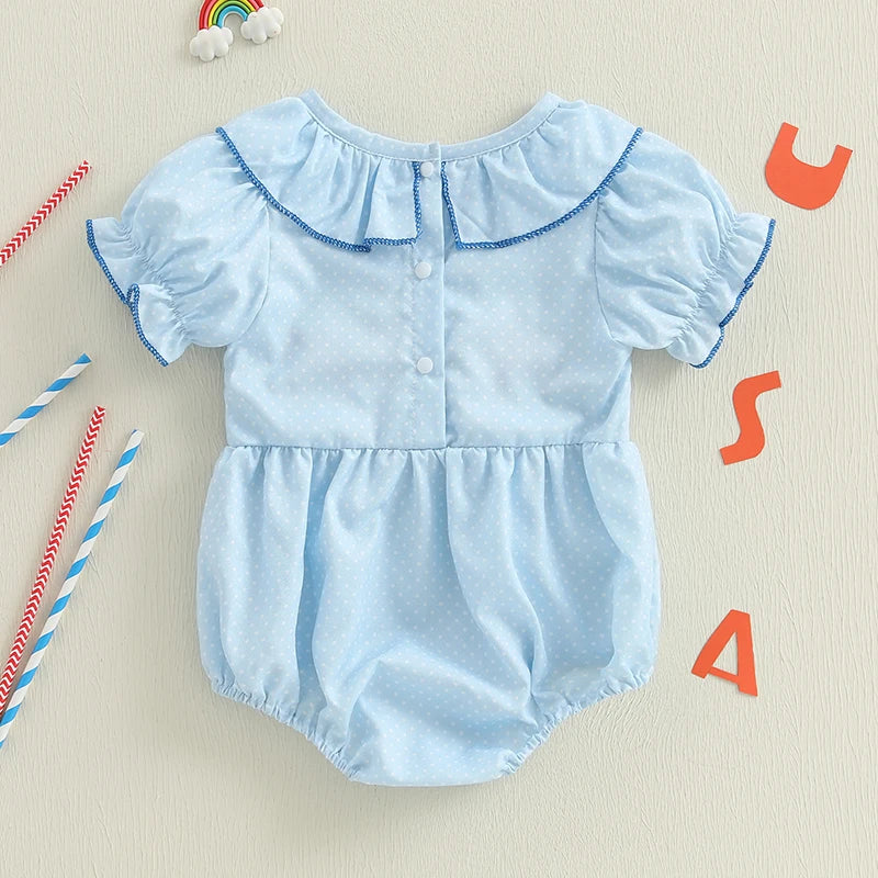Baby Girls' Independence Day Romper - Dot Print Bow Flag Embroidery Ruffled Jumpsuit