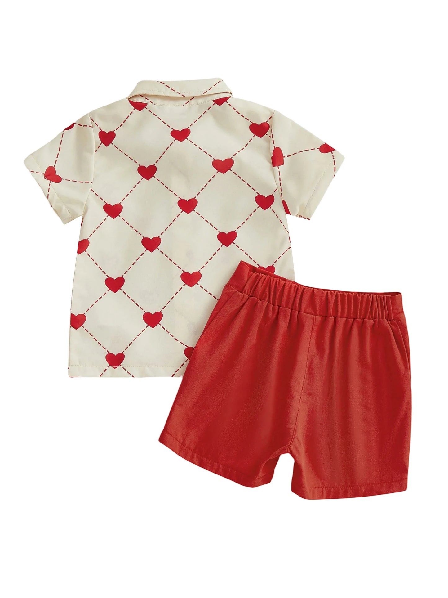 Valentine's Day Baby Boy Outfit Set - Heart Print Bowtie Shirt & Solid Shorts