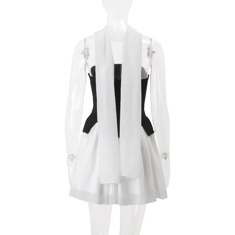 Women's Strapless 2 Piece Set - Crop Top Mini Skirt with Neck Scarf Co-ords