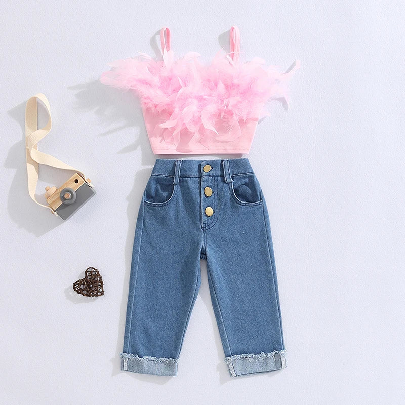 Girls Clothes Sets 1-6Y Ruffles Fur Feather Sleeveless Camisole Tops and High Waist Denim Pants 2pcs