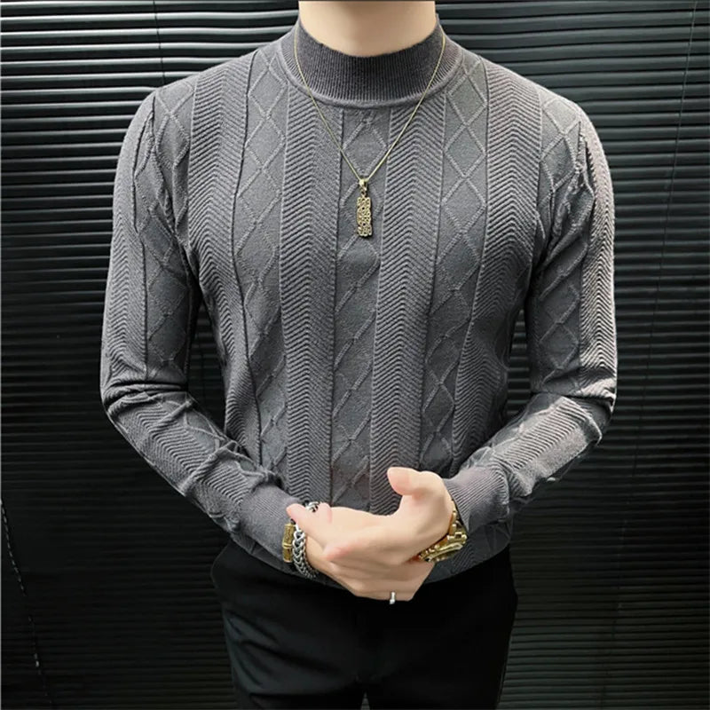 Men's Mock Neck Knitted Sweater - Slim Fit Geometric Pullover