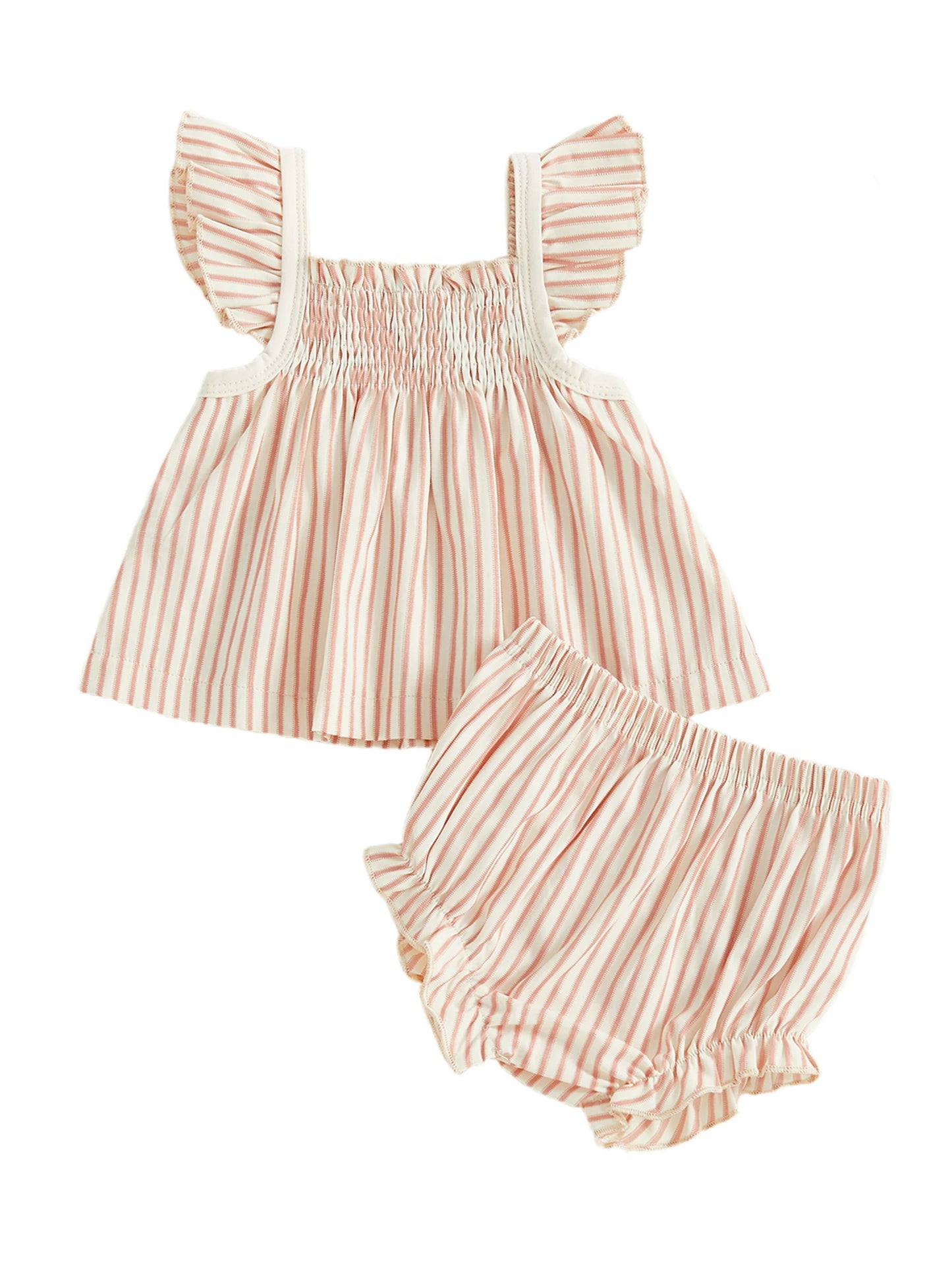 Baby Girls Striped Summer Outfit Set - Flying Sleeve Top & Shorts (0-24M)