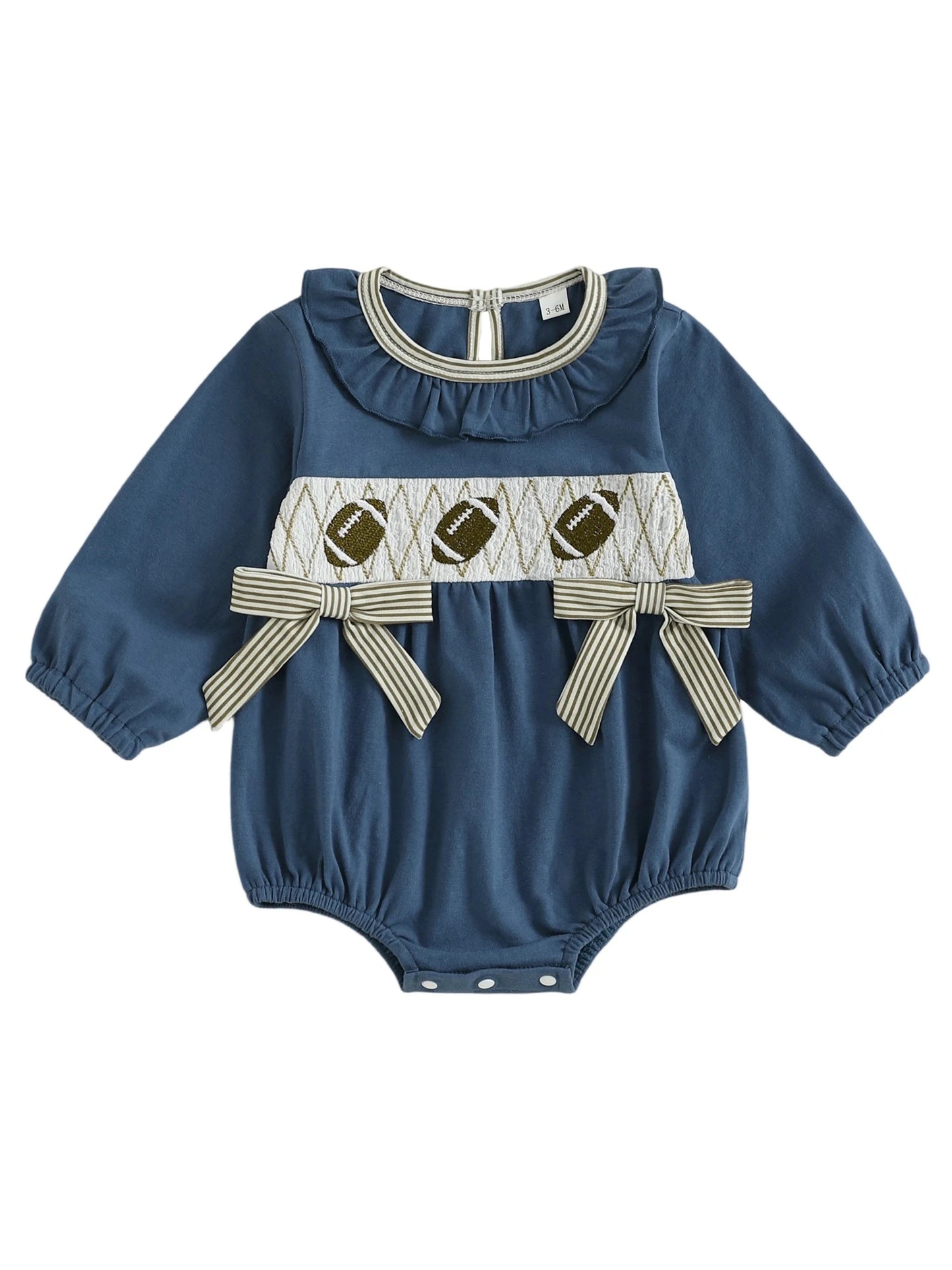 Baby Girls Autumn Winter Romper - Football Embroidery Ruffled Bubble Jumpsuit with Bow (0-18M)