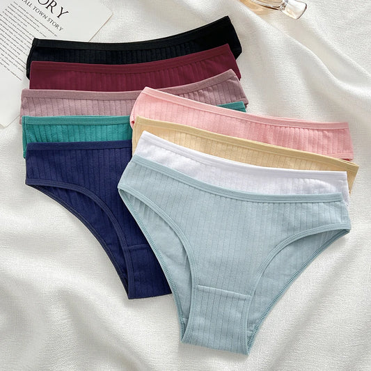 Women's 4Pcs Cotton Striped Underwear - Breathable Solid Briefs Low Waist Comfortable Stretch Lingerie