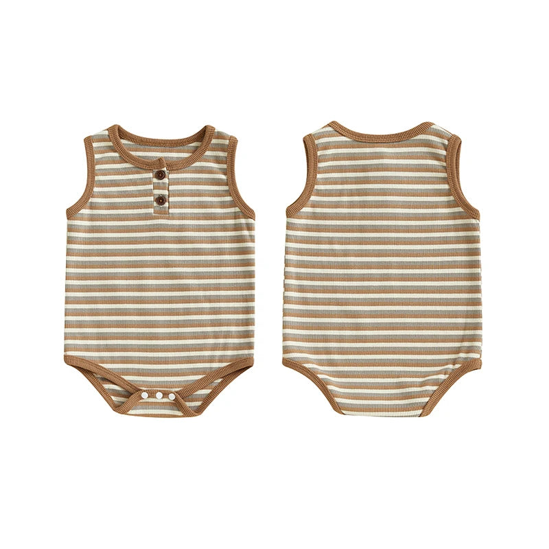 0-18M Baby Girls Boys Rompers Stripe Print Sleeveless Buttons Round Neck Summer Bodysuits Jumpsuit