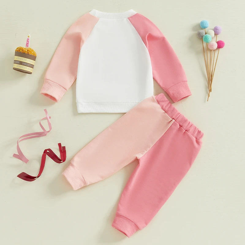 0-5Y Kids Girls Birthday Clothes Set Colour Patchwork Long Sleeve Letter Print Sweatshirt with Pants