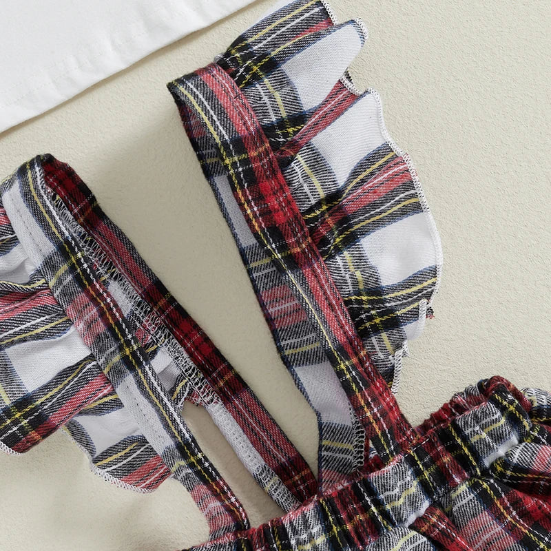 Christmas Ruffled Top and Plaid Suspender Dress Set - Baby Girls 2-Piece Outfit
