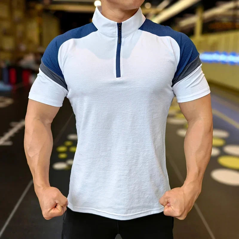 Men's Fitness Running Half Zip Training High Elasticity Muscle T-Shirt