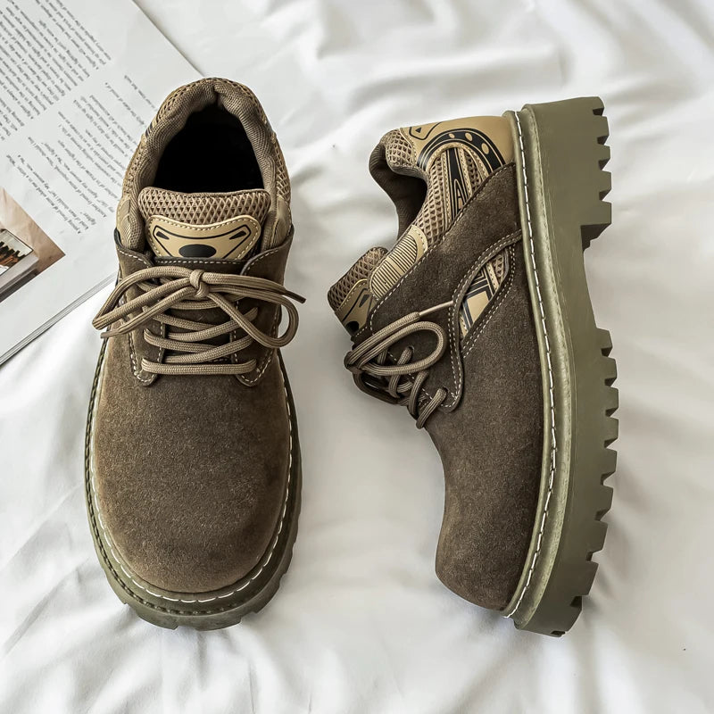 Men's Platform Suede Sneakers - Lace-Up Casual Outdoor Shoes