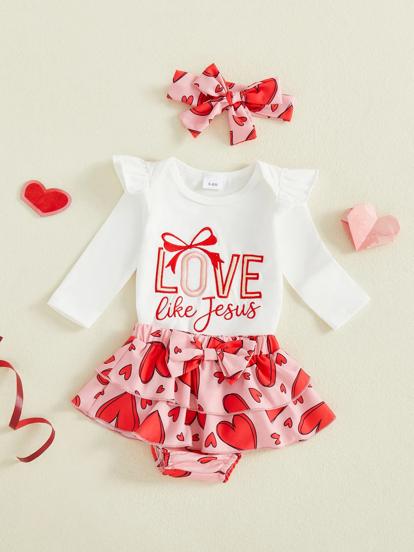 Baby Girls Valentine's Day Letter Embroidery Romper Heart Print Shorts and Hairband Set