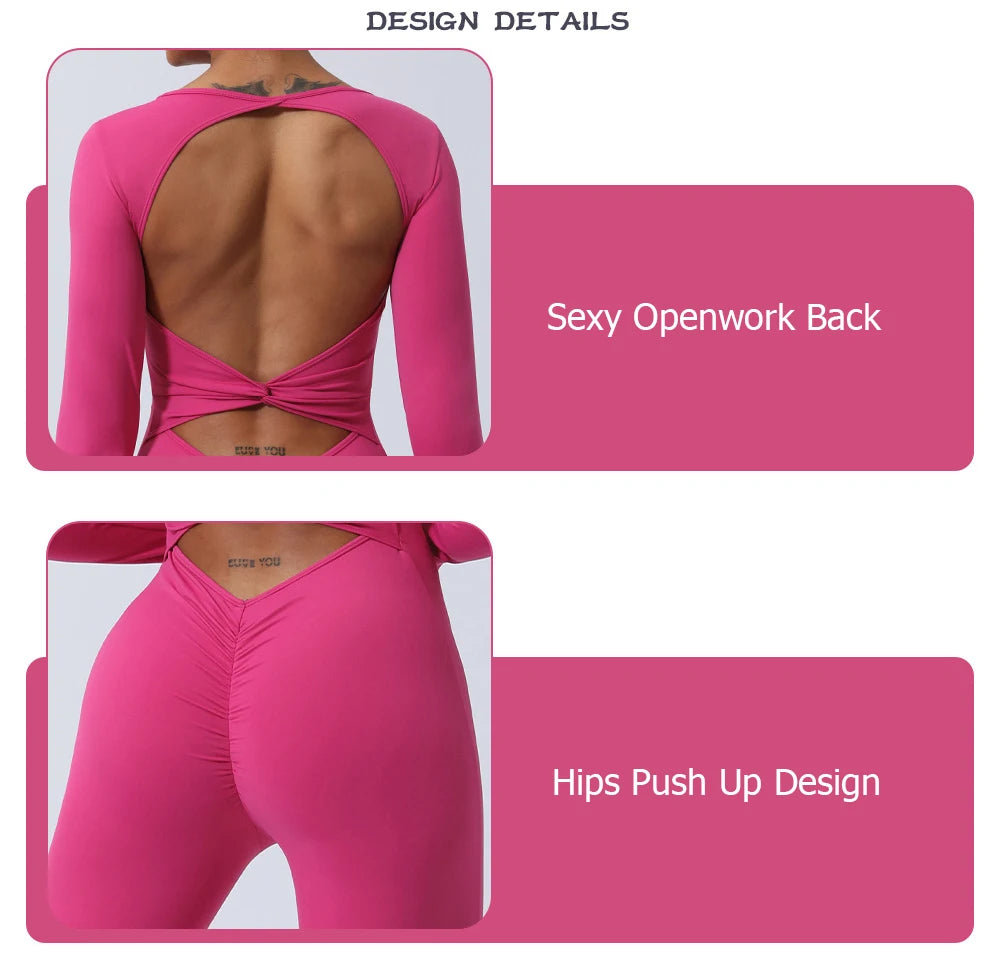 Women's Long Sleeve Gym Jumpsuit - One Piece Yoga Openwork Back Workout  Breathable Sportswear