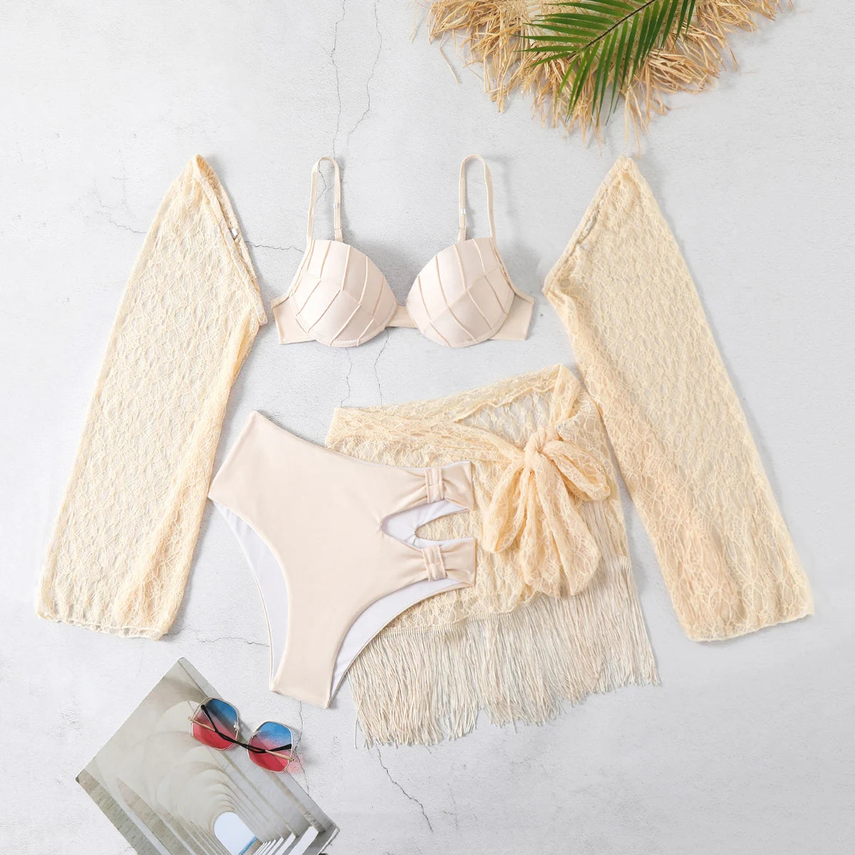 Women's 3-Piece Tassel Swimwear Set - Long Sleeve Top & Mini Skirt Cover Up