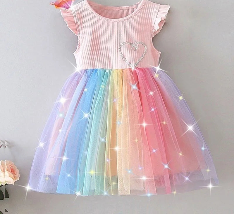 Girls Rainbow Mesh Party Dress – Colourful Sleeveless Summer Dress