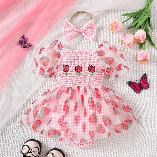 Fruit Embroidered Romper Dress with Headband - Baby Girls (0-18M)