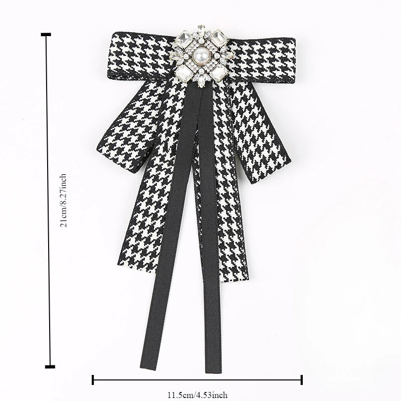Houndstooth Ribbon Bow Brooch with Pearl