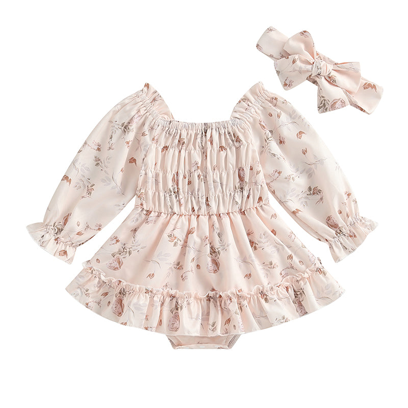 Princess Baby Girl Romper Dress - Ruffles Long Sleeve Floral Print with Headband