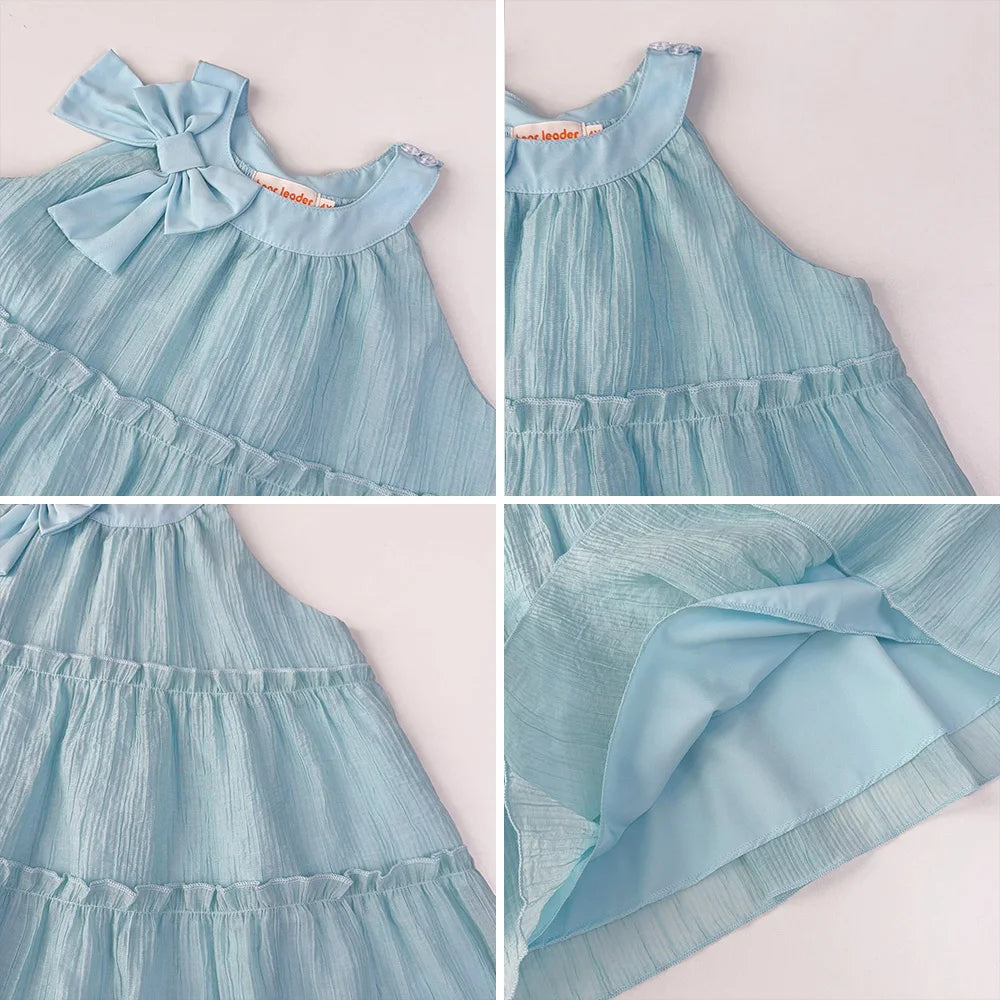 Girl's Neck Hanging Summer Plain Casual Bow Sleeveless Easter Dress