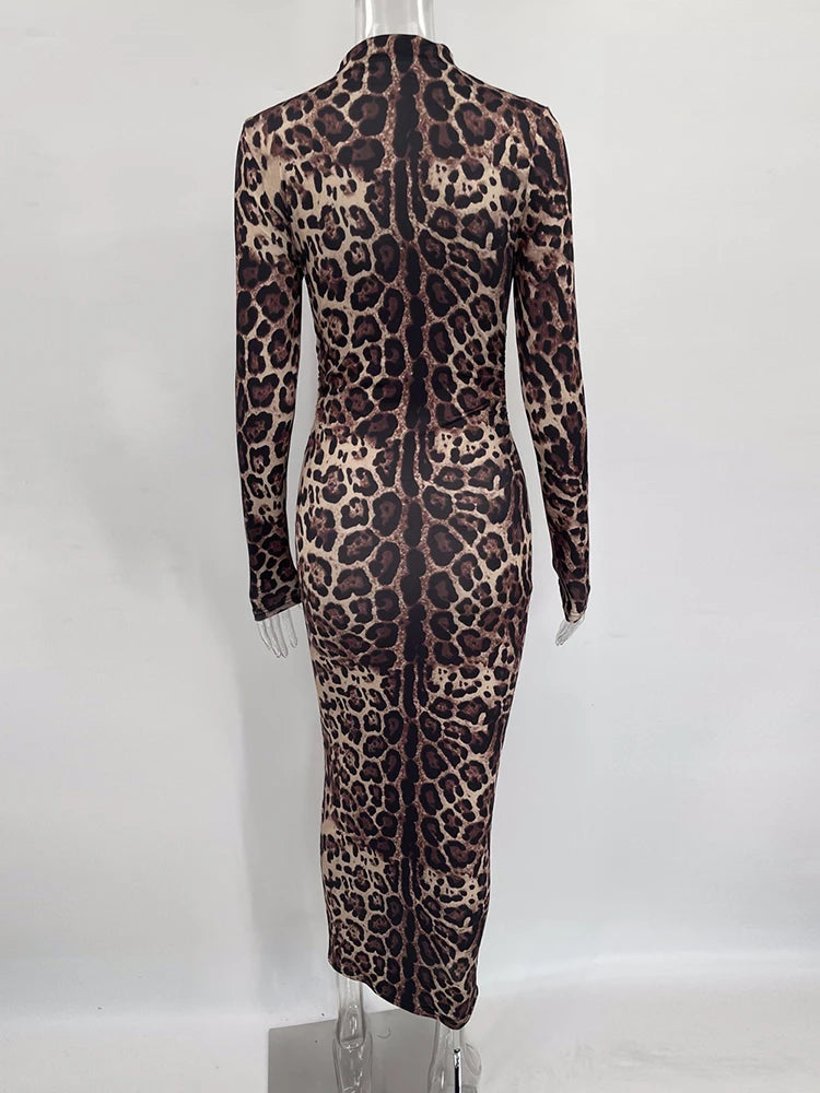 Women's Leopard Print Maxi Long Sleeve Gown Dress