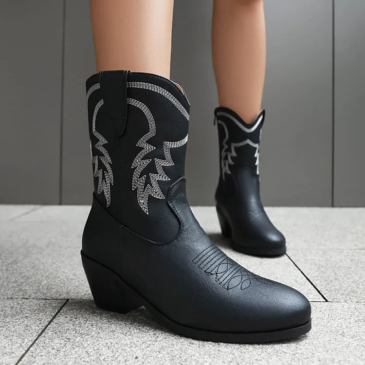 Totem Embroidered Ankle Boots - Pointed Toe Chelsea Boots with 6cm Wedge Heel
