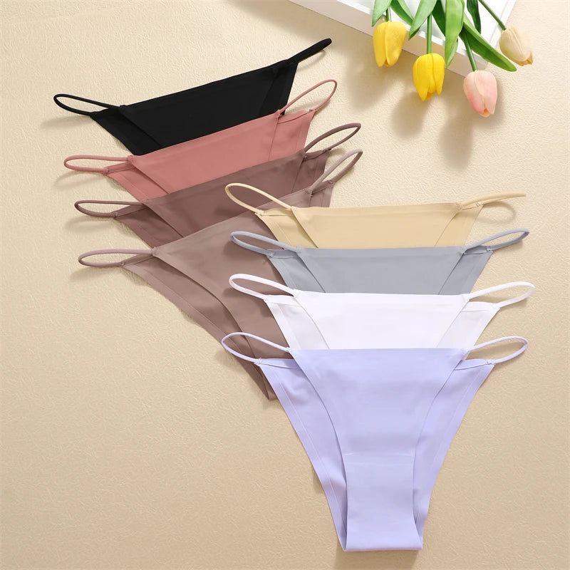 Women's 4Pcs/set Seamless Underwear Ice Silk Briefs Panties Thin Strap Lingerie
