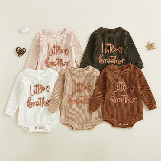 Baby Sweater Jumpsuit - Long Sleeve Crewneck Letter Embroidery Romper