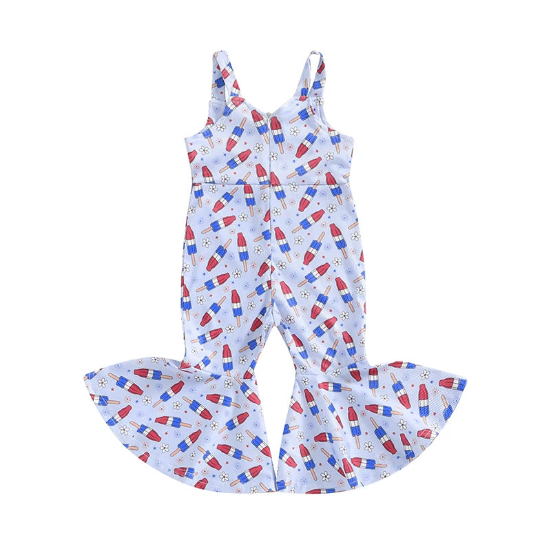 Toddler Kids Girls Jumpsuit - 0-4Y Sleeveless Flower USA Flag Print Bell Bottom Overalls