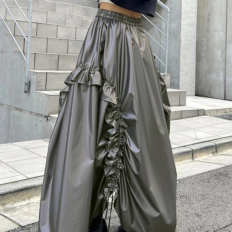 Women's Retro Drawstring  Long Umbrella Loose Patchwork Glossy High Waist Skirt