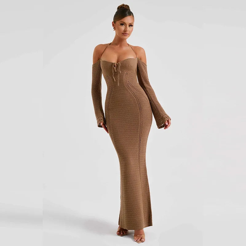 Women's Off Shoulder Halter Knit Dress - Long Sleeve Elegant Backless Tie Front Maxi Dress