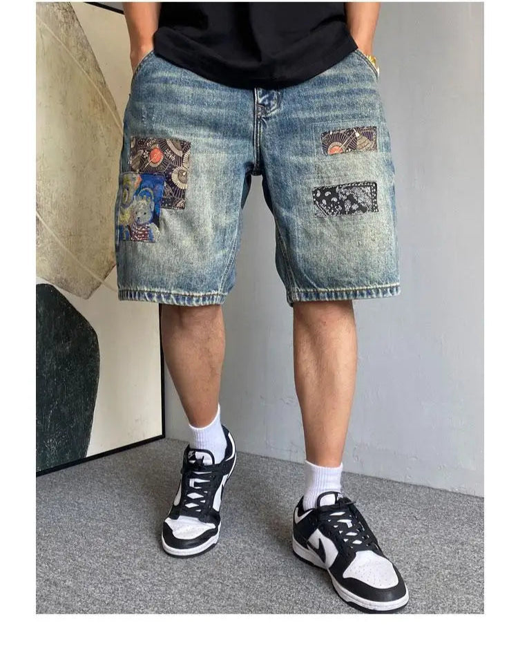 Men's Summer American Casual Embroidery Patch Vintage Denim Shorts