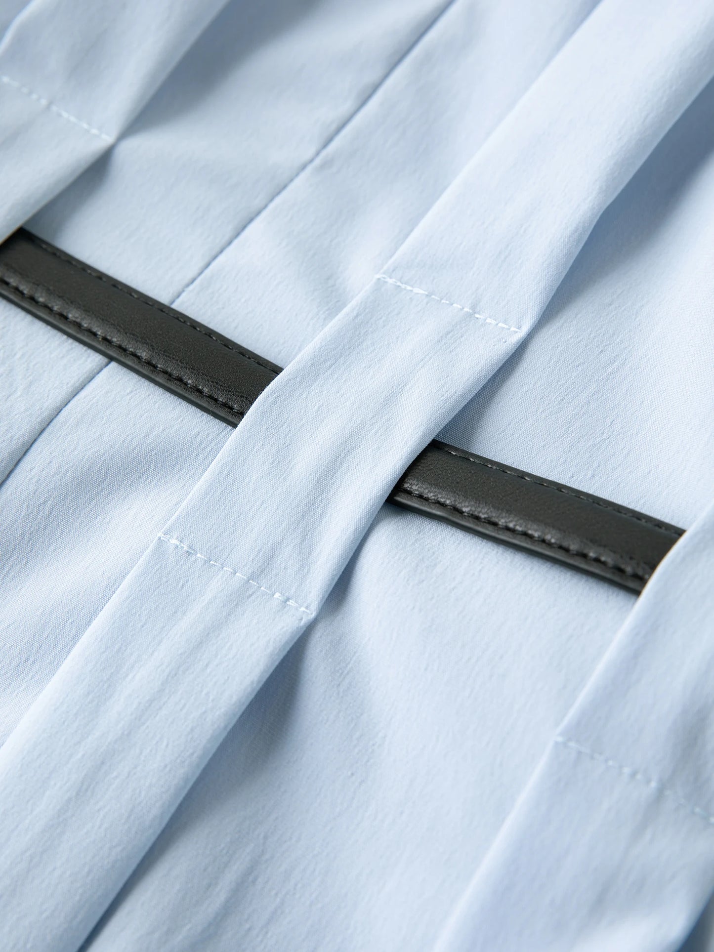 Vertical Striped Shirt Dress with Pleated Design and Belt