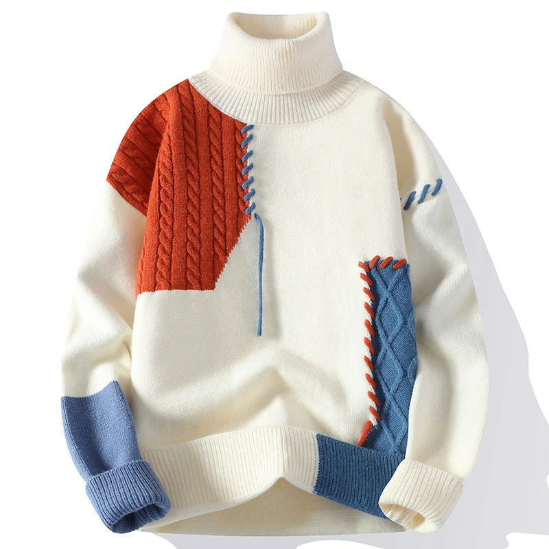 Men's Knit Turtleneck Patchwork Sweater