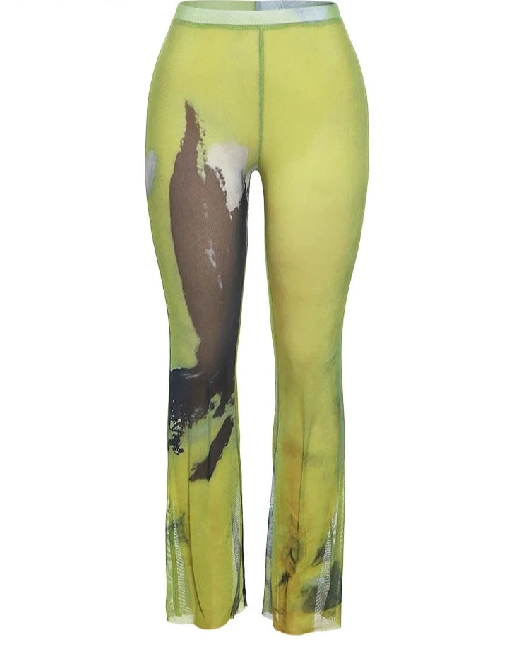 Mesh Tie Dye Straight Trousers- Women Summer See Through Thin Skinny Wild Elastic Activity Bottoms