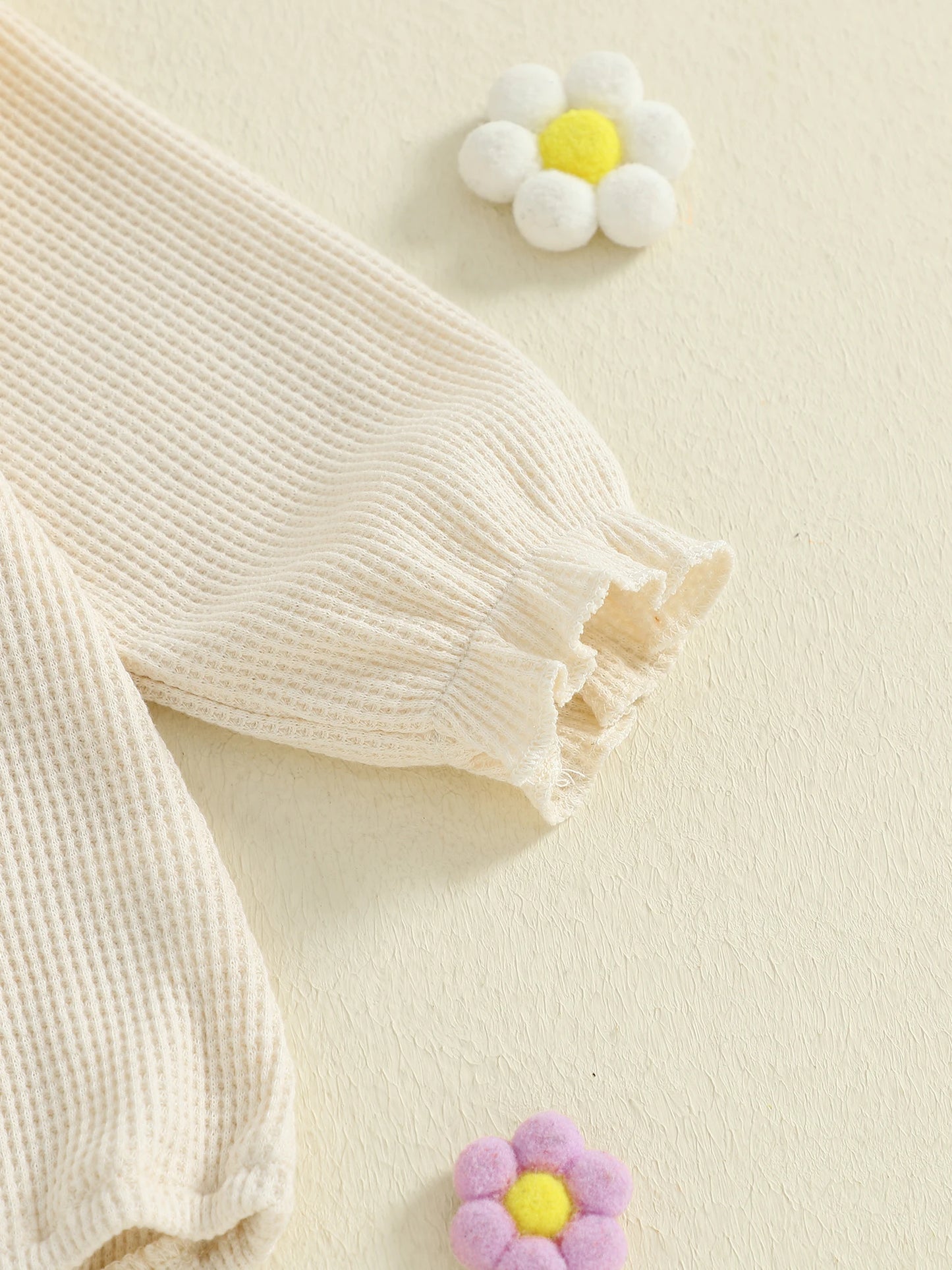 Newborn Baby Girls Waffle Romper - Long Sleeve Mock Neck Ruffled Jumpsuit