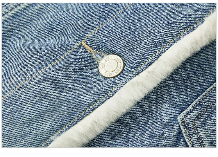 Denim Jacket Women Patchwork Imitation Rabbit Fur Lapel Loose Winter Quilted Jacket